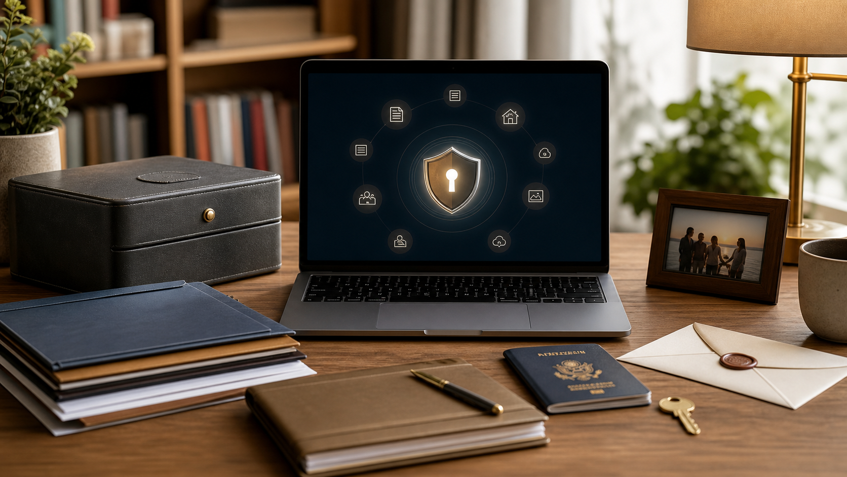Secure digital legacy vault with documents, passport, family photo, and key on a desk