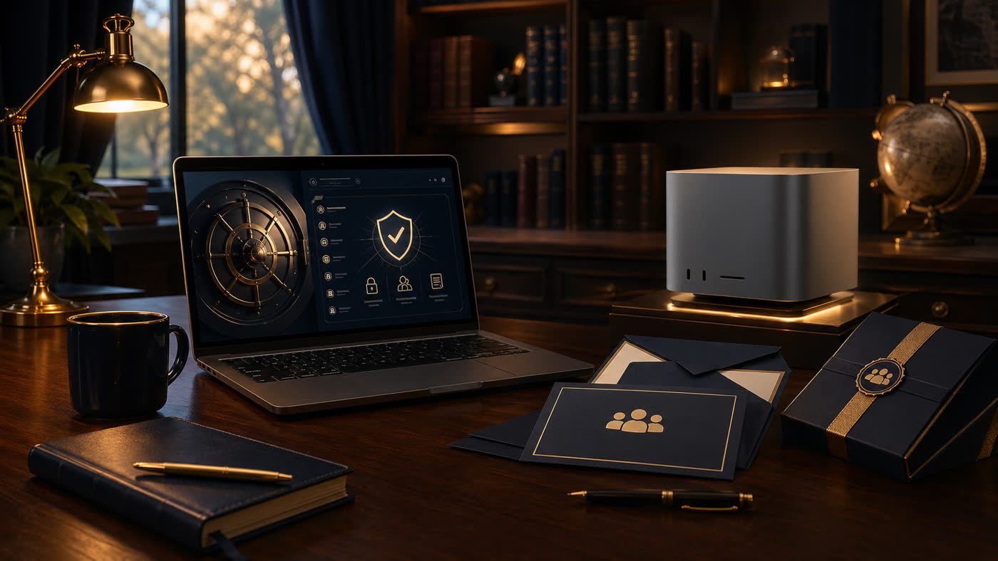 Schreibtisch mit Tresoroberfläche, Einladungen und hochwertigem Desktop-Preis
